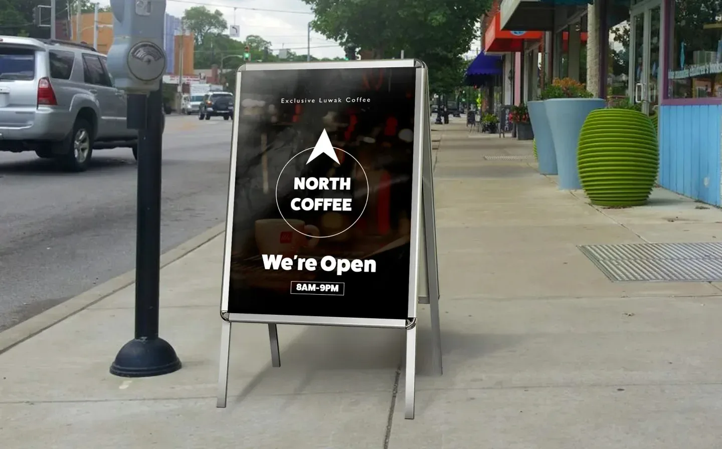 An a frame sign advertising a cosy coffee shop, inviting passersby to enjoy their beverages