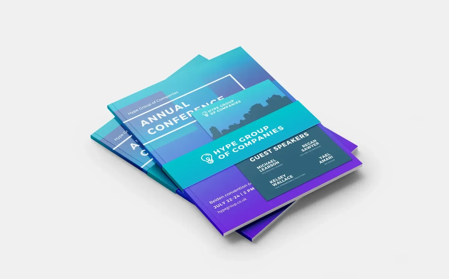 A blue book and card showcasing a conference, wrapped in a belly band reading "Hype Group of Companies"