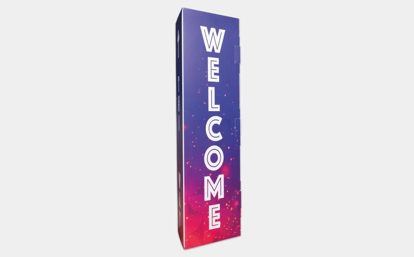 A bollard cover displayed on a white background, featuring a bold purple and red welcome design