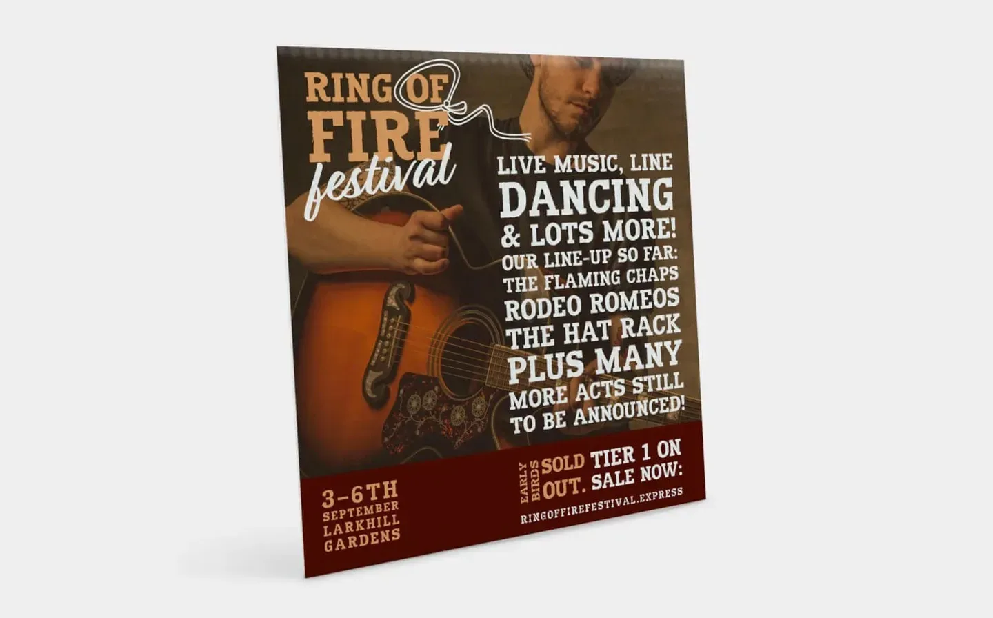 A vibrant bubble board sign for the Ring of Fire Festival showcasing various acts, fiery colours and festive designs