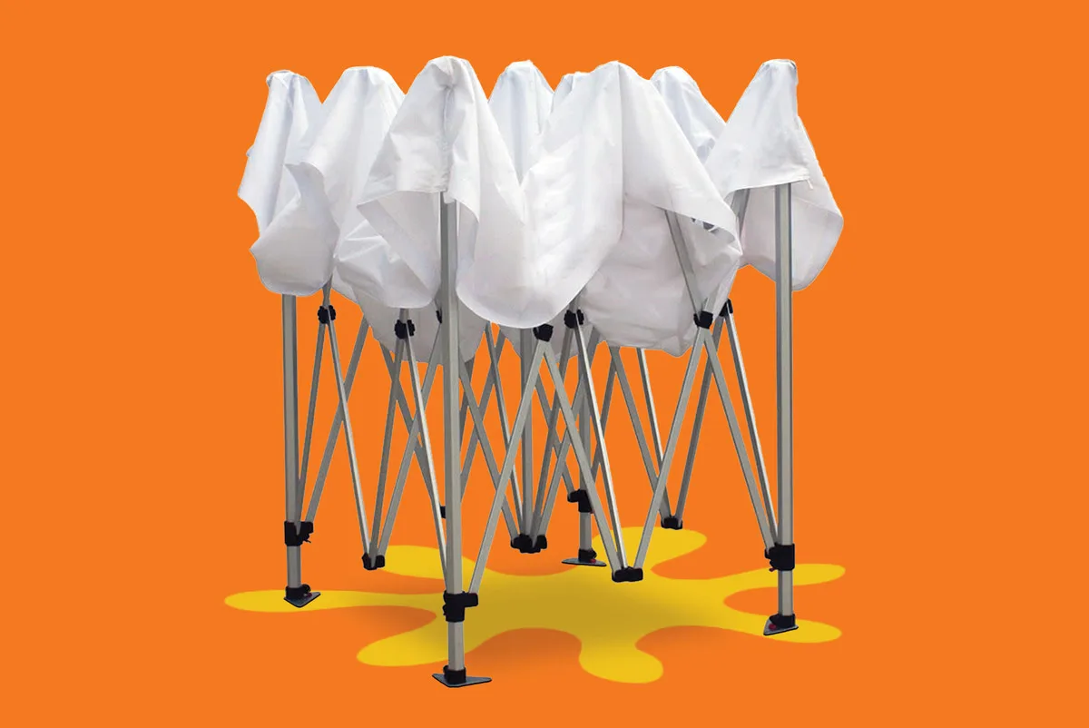 Collapsed white canopy tent with metal frame on an orange background with a yellow shape underneath.