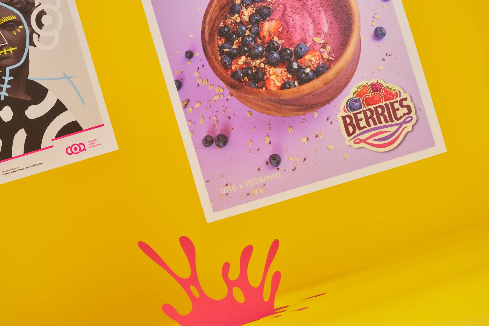 close up of a backlit 1016 x 1524mm bus shelter poster with image of a bowl of yogurt, strawberries and blueberries with the wording 'berries' on a bright yellow background with a red paper 