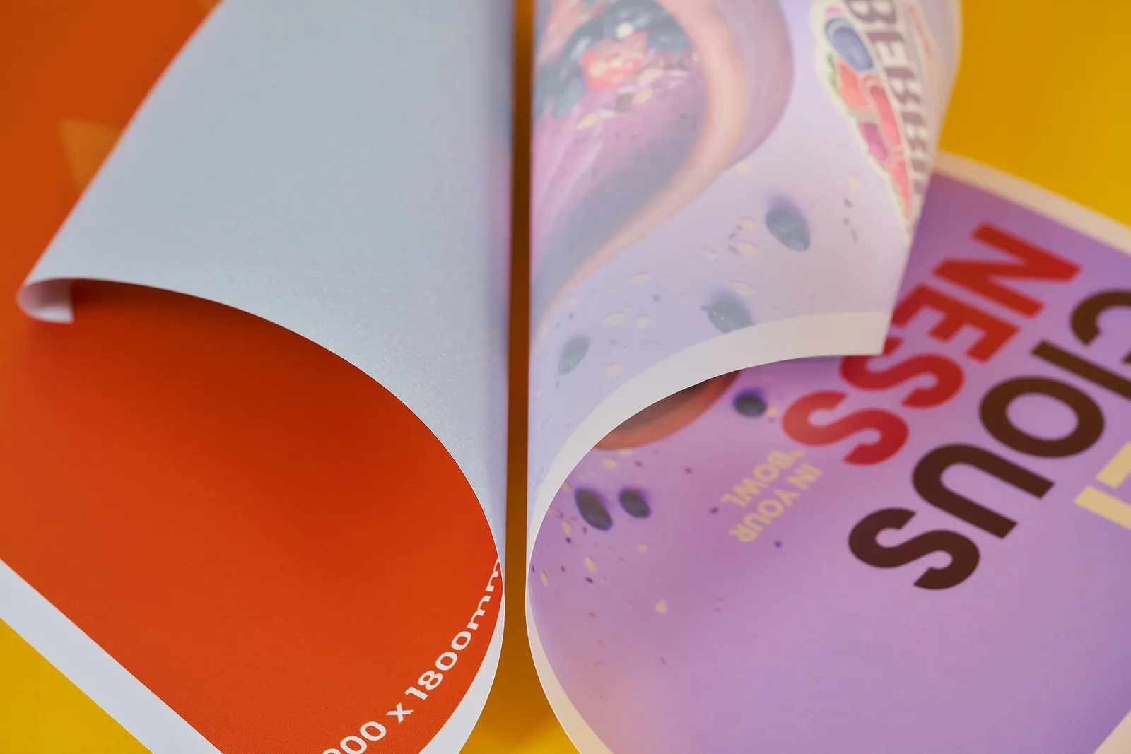 image showing the front and back of the material 120gsm blueback and 300gsm backlit PVC on a bright yellow background