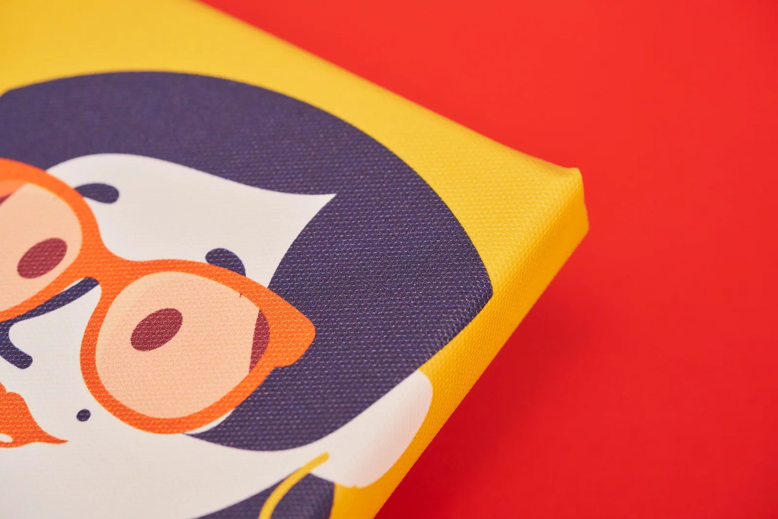 detail of canvas print with yellow, blue and white illustration of lady wearing sunglasses on a bright red background