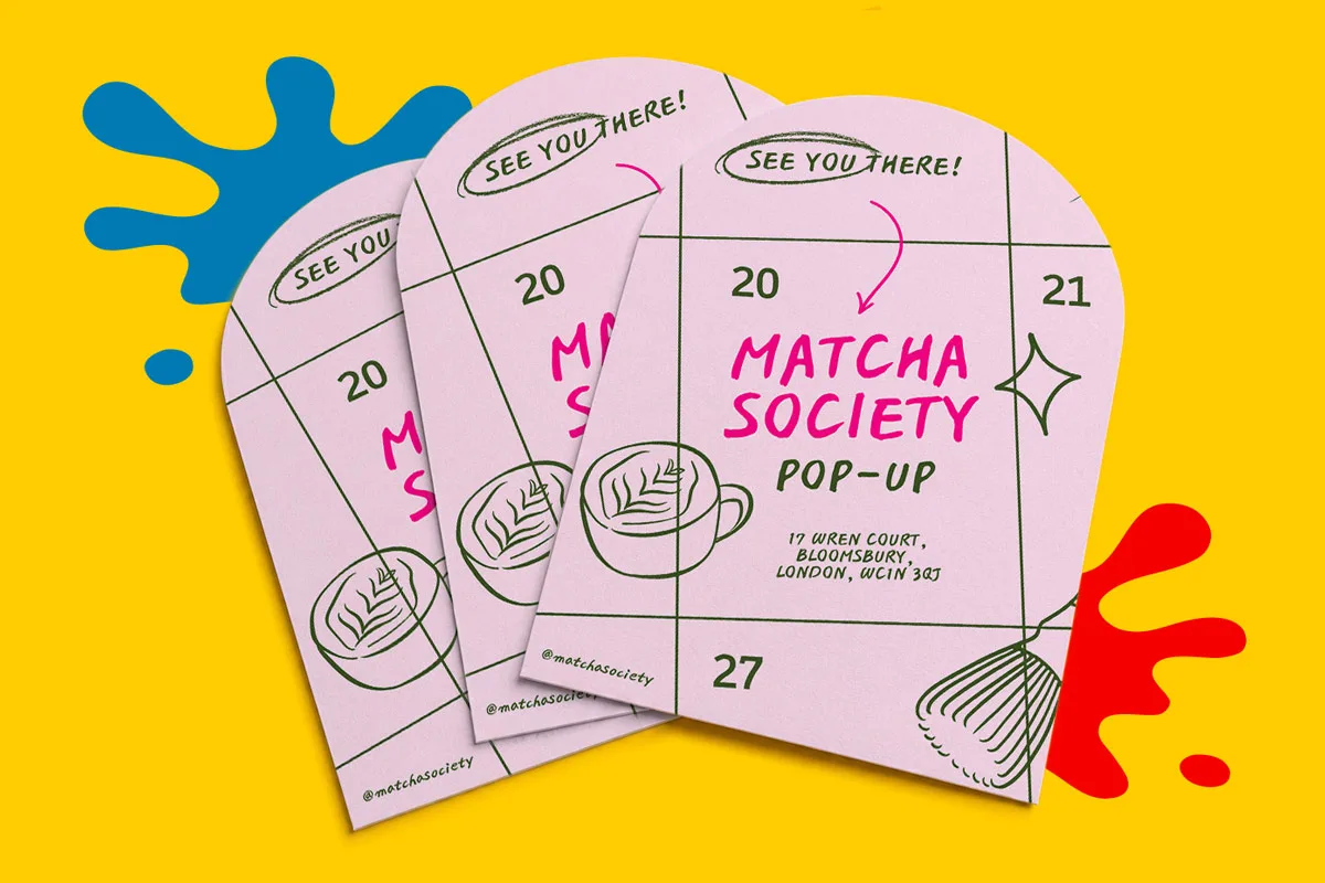 Three pink flyers for a Matcha Society pop-up event on a bright yellow background.