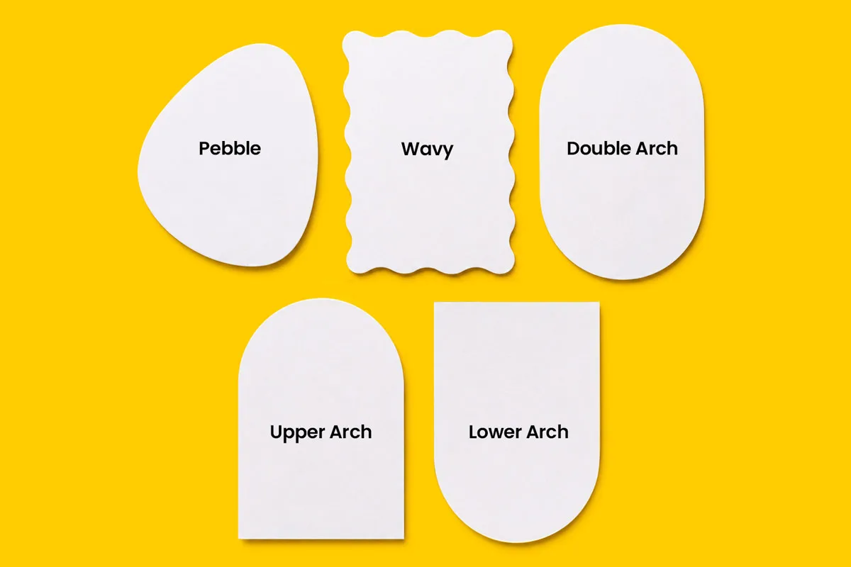 Five paper shapes labeled Pebble, Wavy, Double Arch, Upper Arch, and Lower Arch on yellow background.