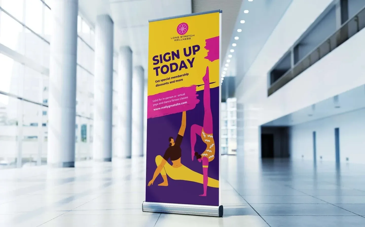 A double-sided roller banner featuring a woman practising yoga on a mat