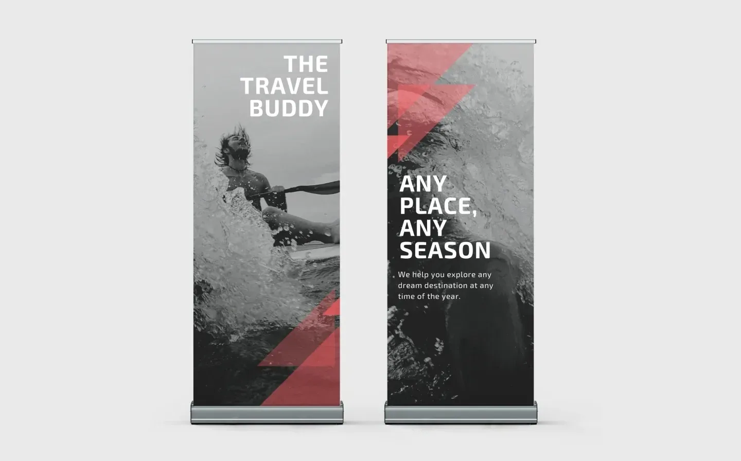 Double-sided roller banner mockup for a travel buddy promotion, showcasing vibrant graphics and engaging design elements