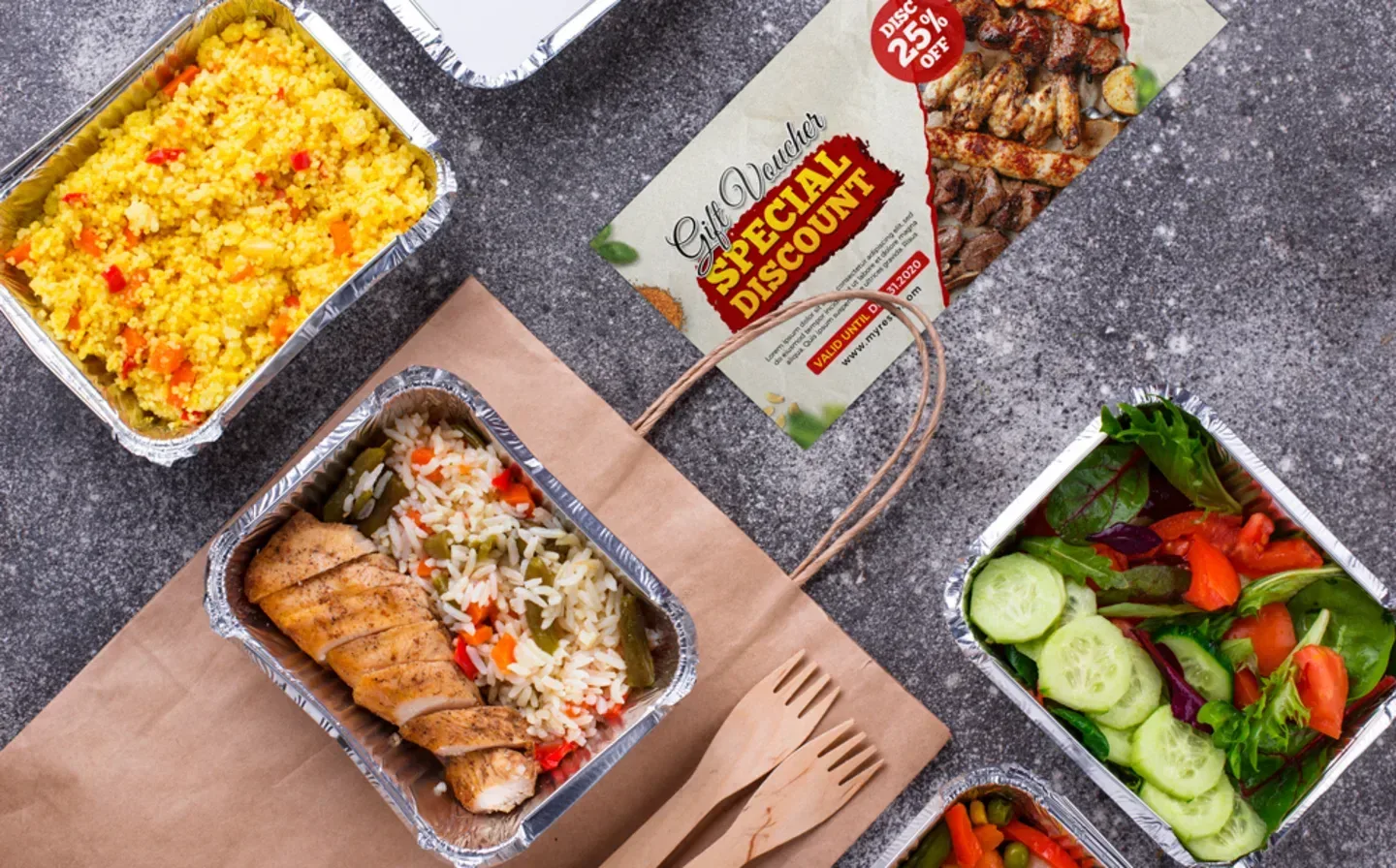 A "Special Discount" gift voucher, accompanied by a selection of diverse foods presented in aluminium containers