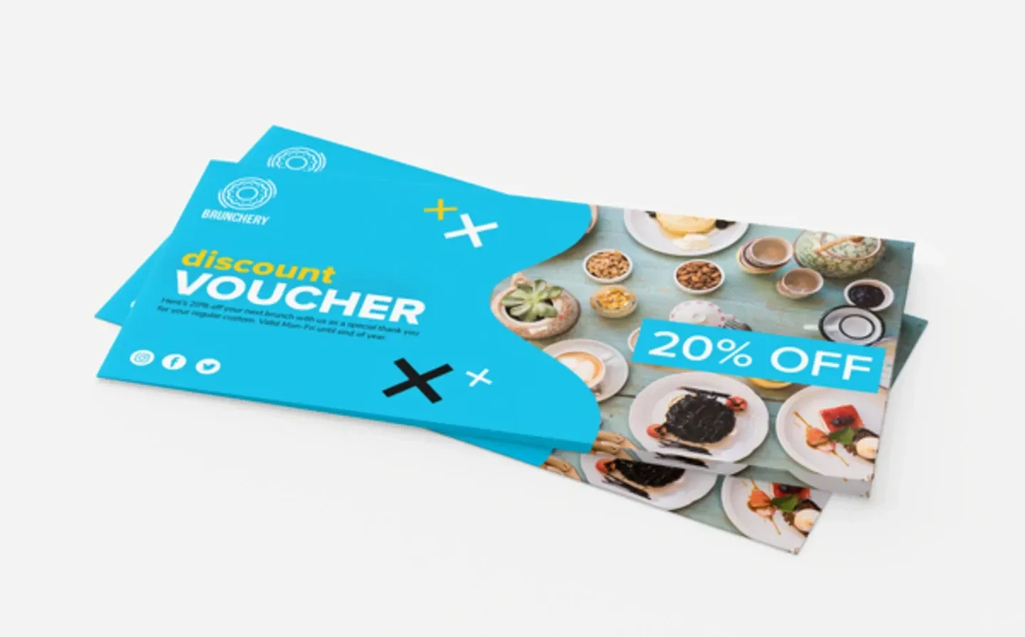 A set of bright blue gift vouchers for "20% off" on a plain background