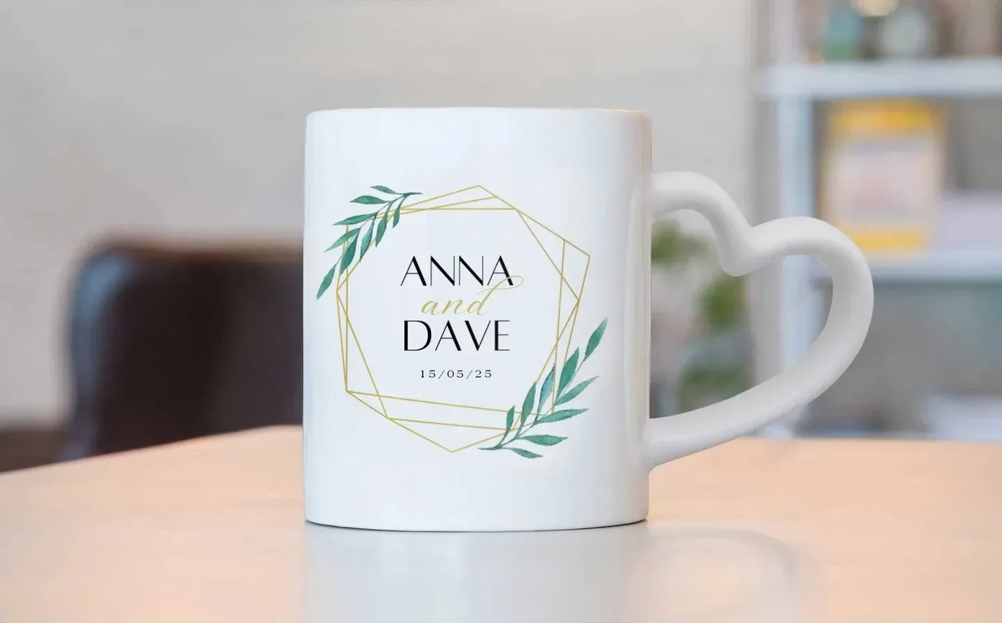 A custom wedding heart handle mug, featuring a message for "Anna and Dave" in elegant design