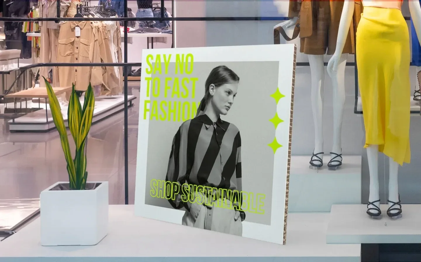 A honeycomb board showcasing sustainable fashion, displayed on a platform next to a plant and two mannequins