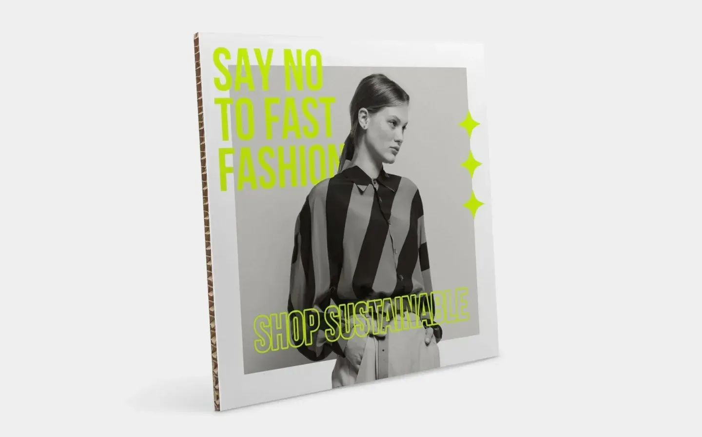 A honeycomb board displaying sustainable fashion, promoting the message to say no to fast fashion