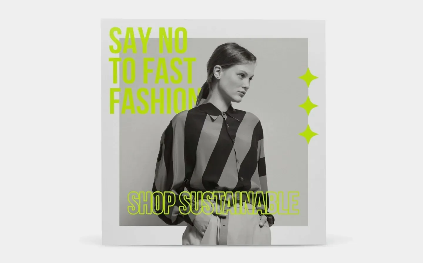 A woman in black and white placed on a honeycomb board, titled "Say No to Fast Fashion"