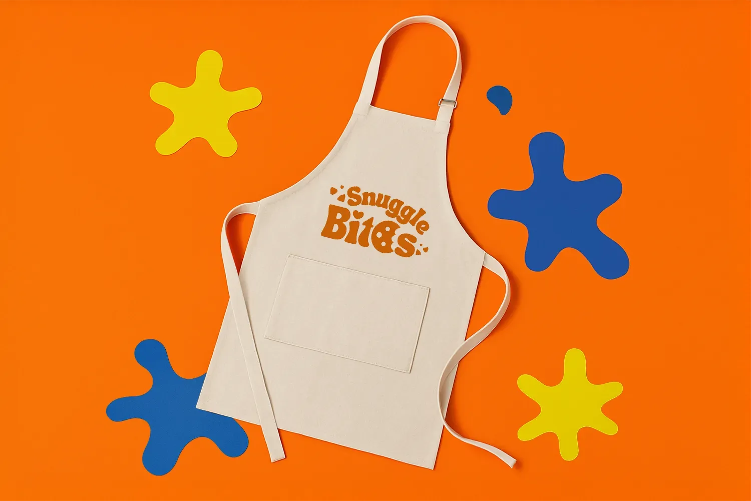 Beige apron labeled "Snuggle Bites" on an orange background with blue and yellow shapes.