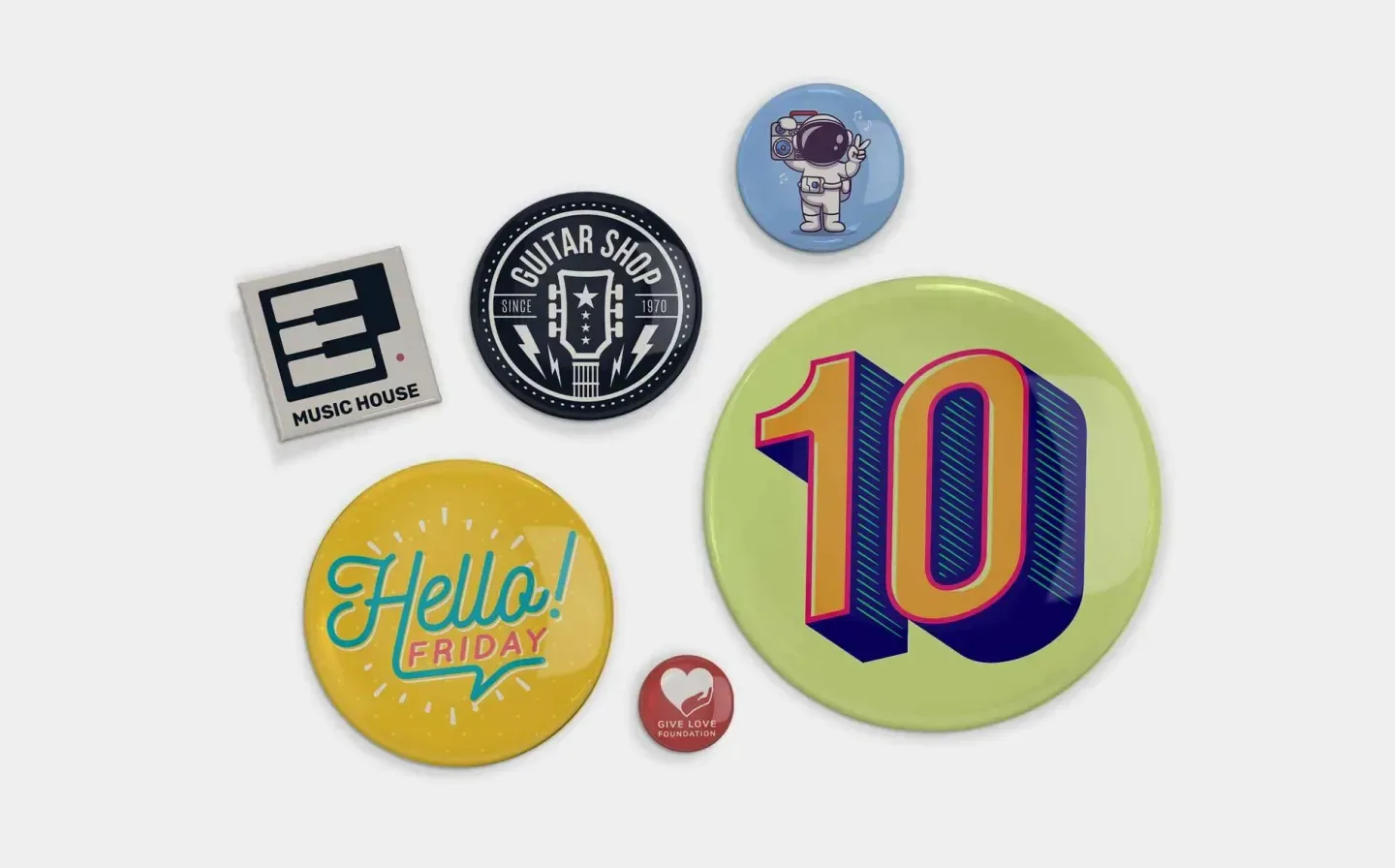 A vibrant assortment of badges featuring the word "hello" in various colours and designs