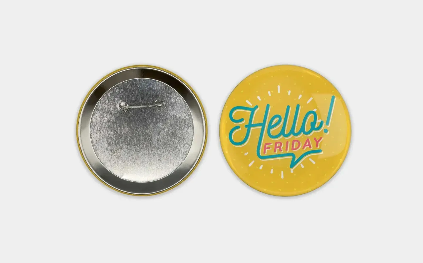 A badge featuring the cheerful phrase "hello friday" in vibrant colours