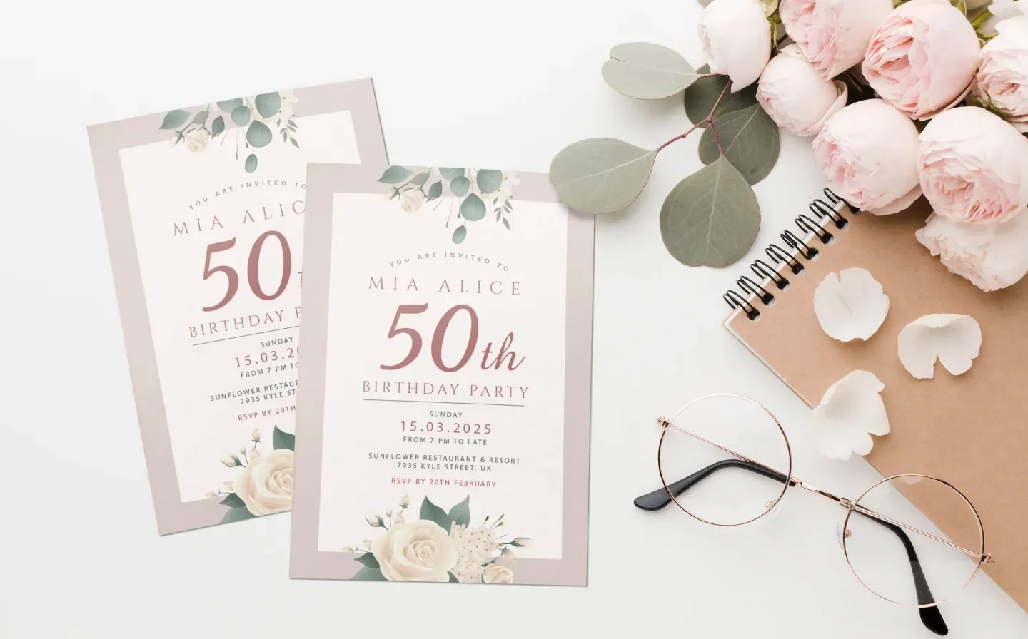 Elegant 50th birthday party invitation featuring festive designs and vibrant colours