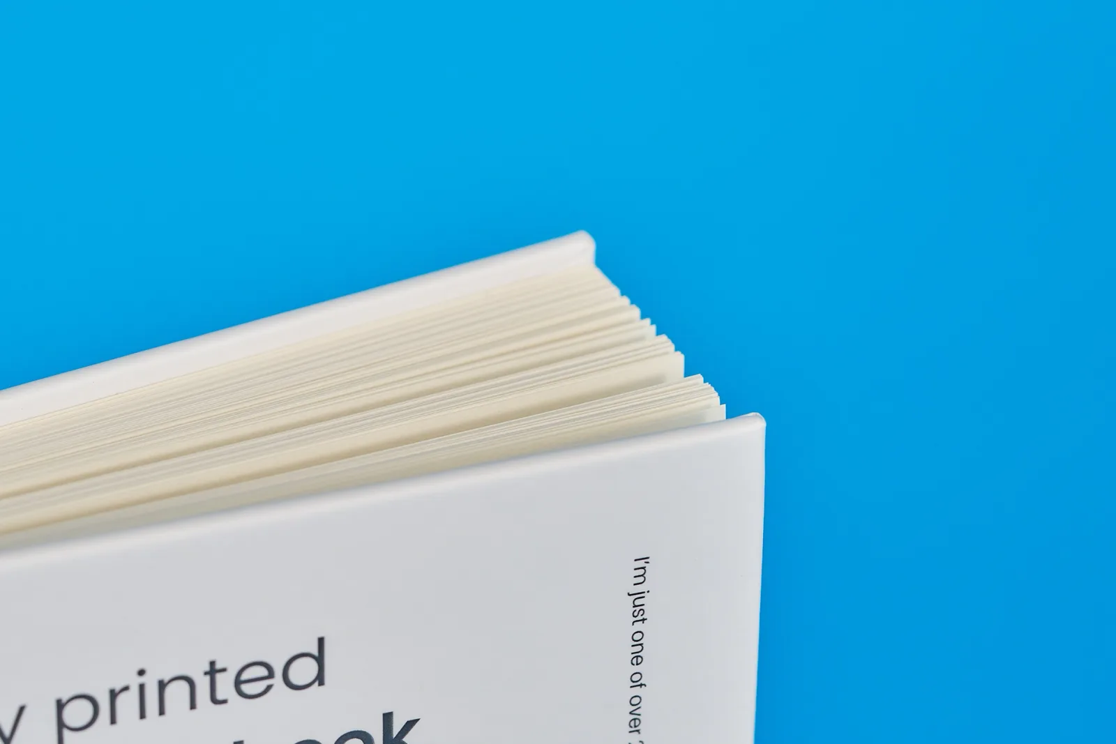 detail of a notebook showing fanned pages on a bright blue background