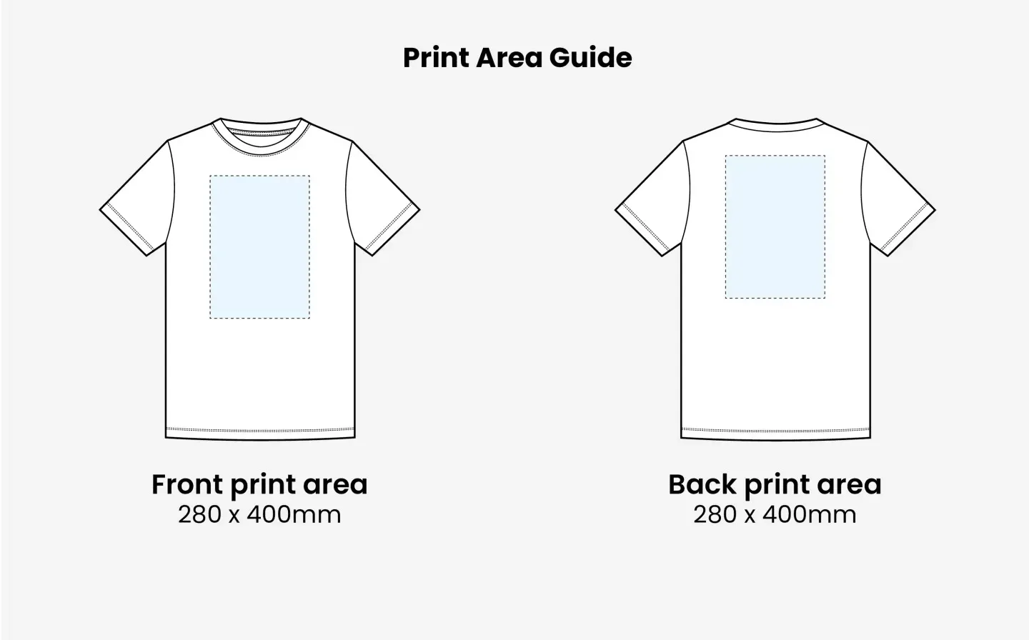 Front and back view of a T-shirt displaying a text print area guide for design reference
