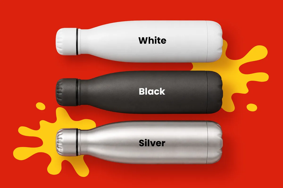 Three reusable water bottles (white, black, silver) on a red background with yellow splashes.