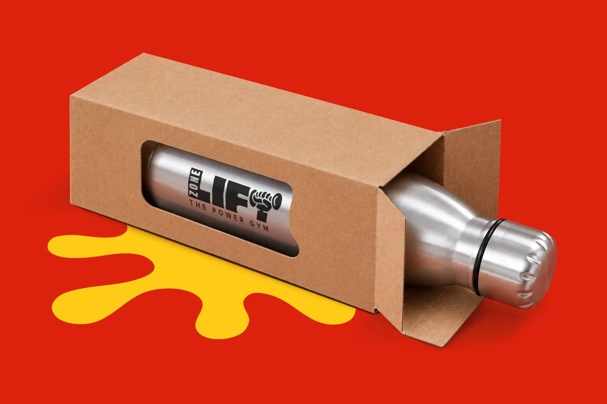 A stainless steel water bottle in a cardboard box on a red background with a yellow splatter.