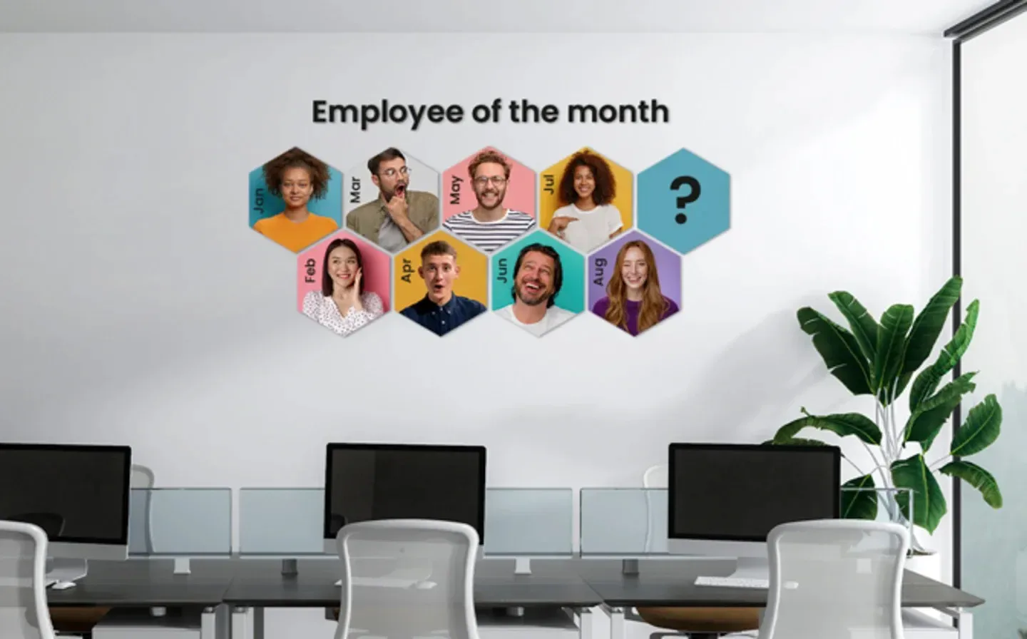 A decorative wall decal displaying photo tiles that honour the employees of the month