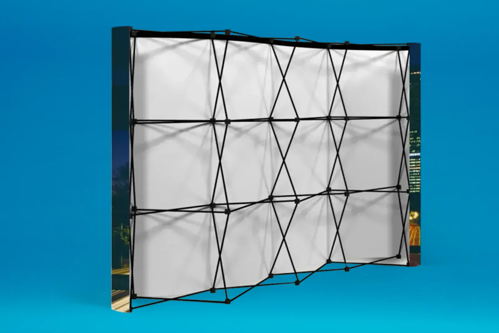 rear of a constructed pop up stand with black pole frame and white back of printed panels on a bright blue background