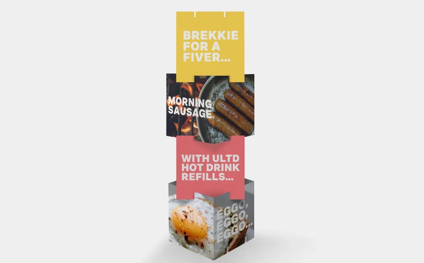 A stack of display cubes advertising "Brekkie for a Fiver" on a blank background