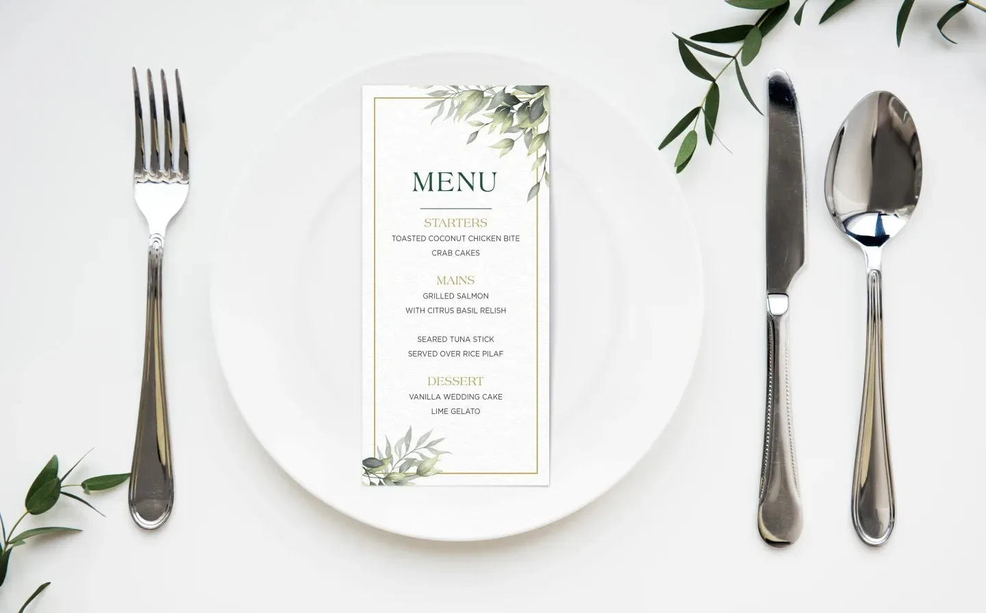 Olive green wedding menu elegantly arranged on a plate