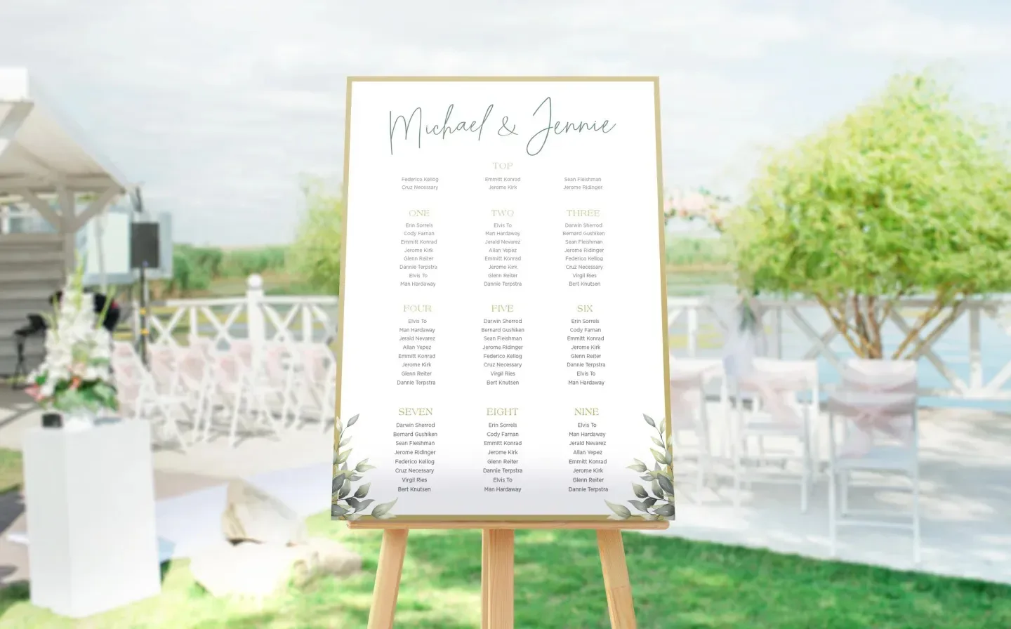 Outdoor wedding reception seating chart, detailing the arrangement of tables and guests for the celebration